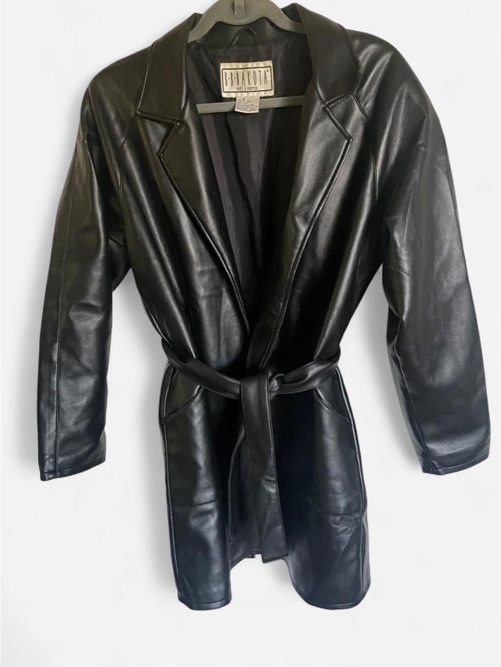 Vintage BB Dakota Pret A Porter Black Faux Leather Belted Trench Coat Medium